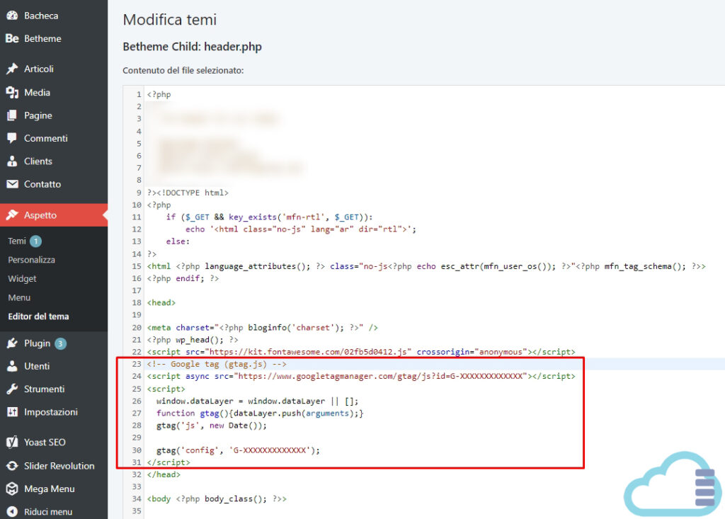 Inserimento codice tracciamento GA4 su file header.php del tema Child WordPress