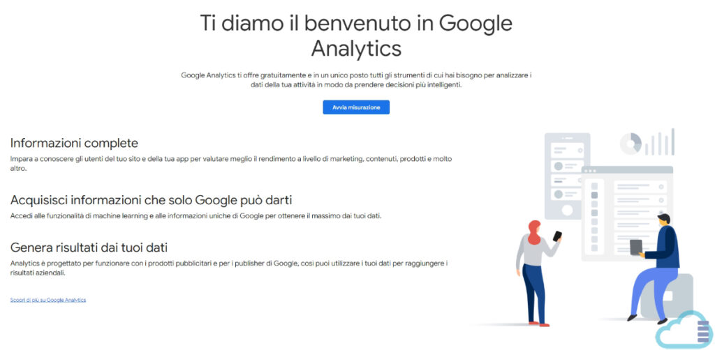 Schermata di benvenuto di Google Analytics
