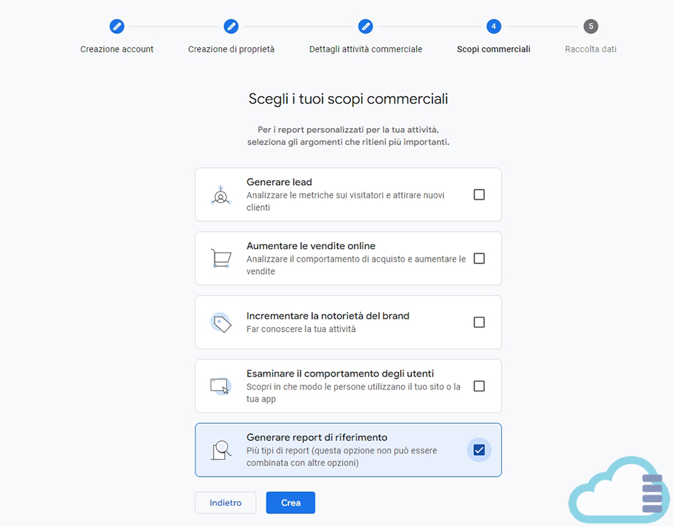 Schermata di configurazione di Google Analytics 4