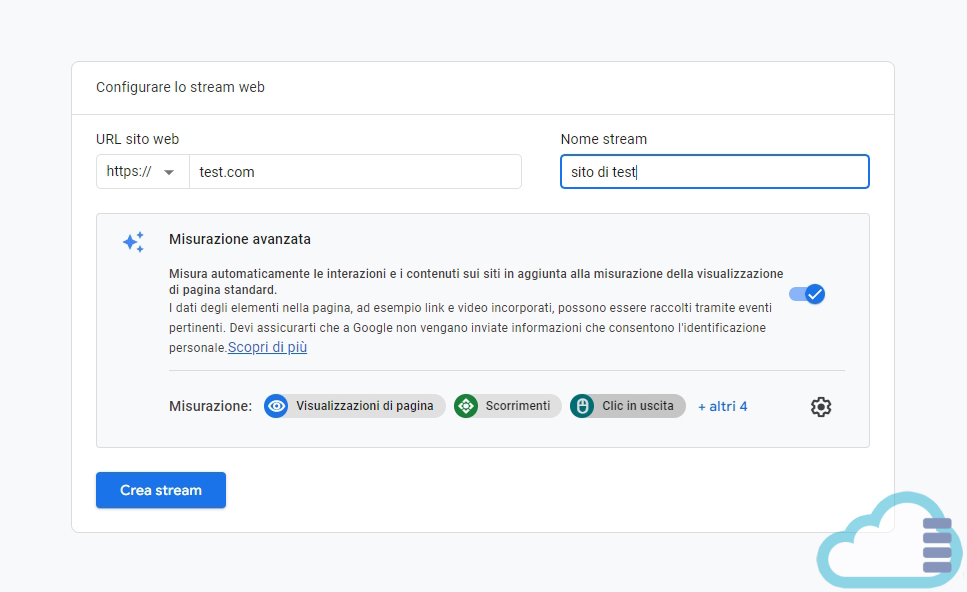 Schermata di configurazione di Google Analytics 5