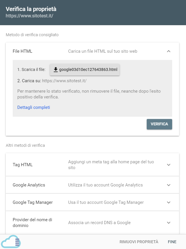 Google Search Console verifica la proprietà